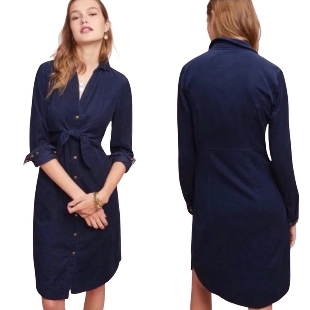 Maeve by Anthropologie Navy Corduroy Tie Waist Shirt Dress Women’s 10